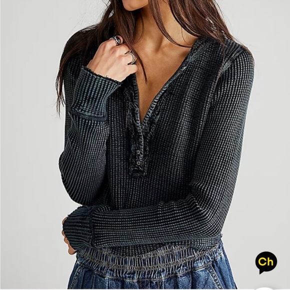 Free People FP ONE thermal long sleeve one colt gray black distressed buttonNWT - Picture 3 of 9